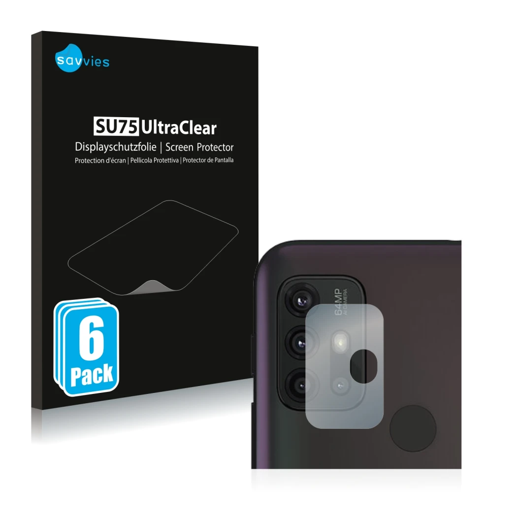 Vorderseite einer Produktverpackung mit dem Markenlogo Savvies. Daneben ist das Gerät Motorola Moto G30 (NUR Kameraschutz) mit