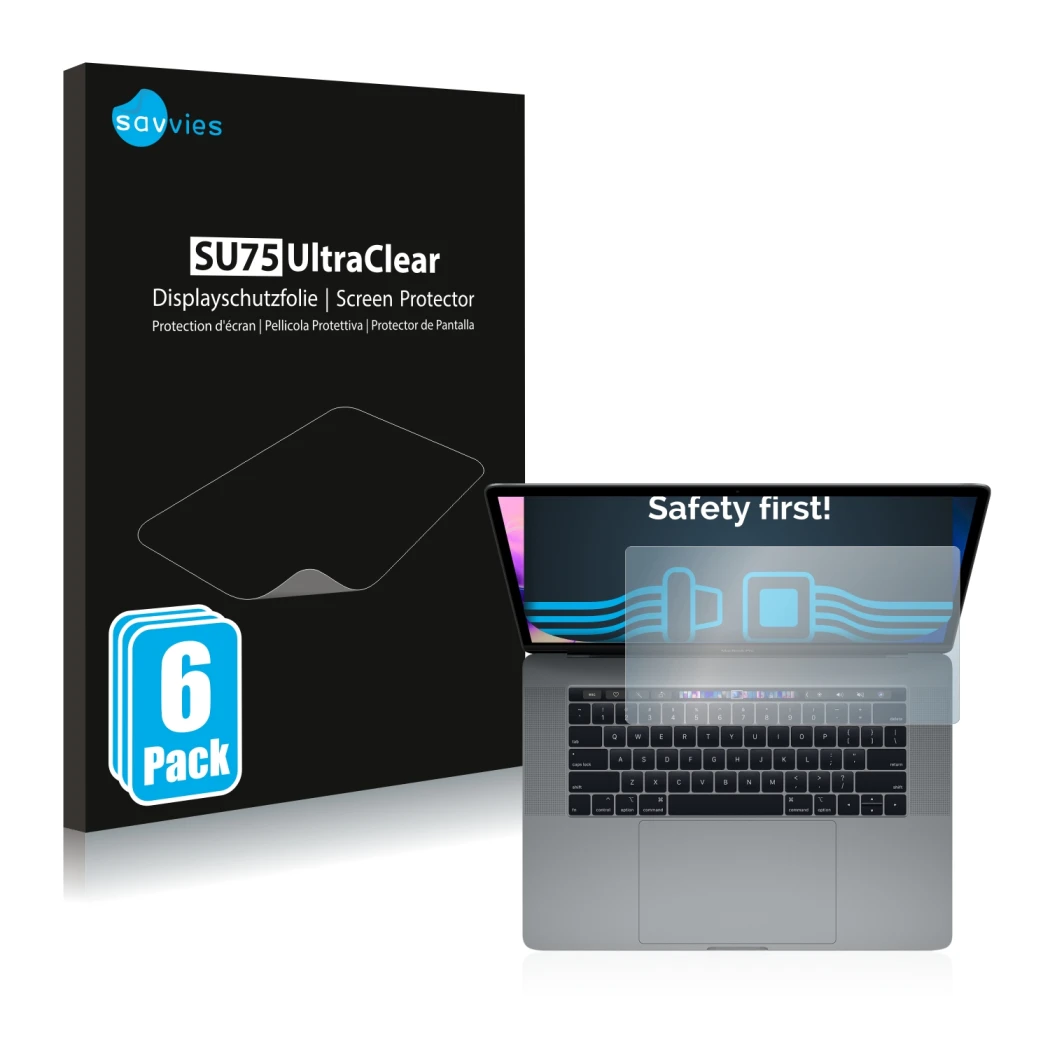 Vorderseite einer Produktverpackung mit dem Markenlogo Savvies. Daneben ist das Gerät Apple MacBook Pro 15