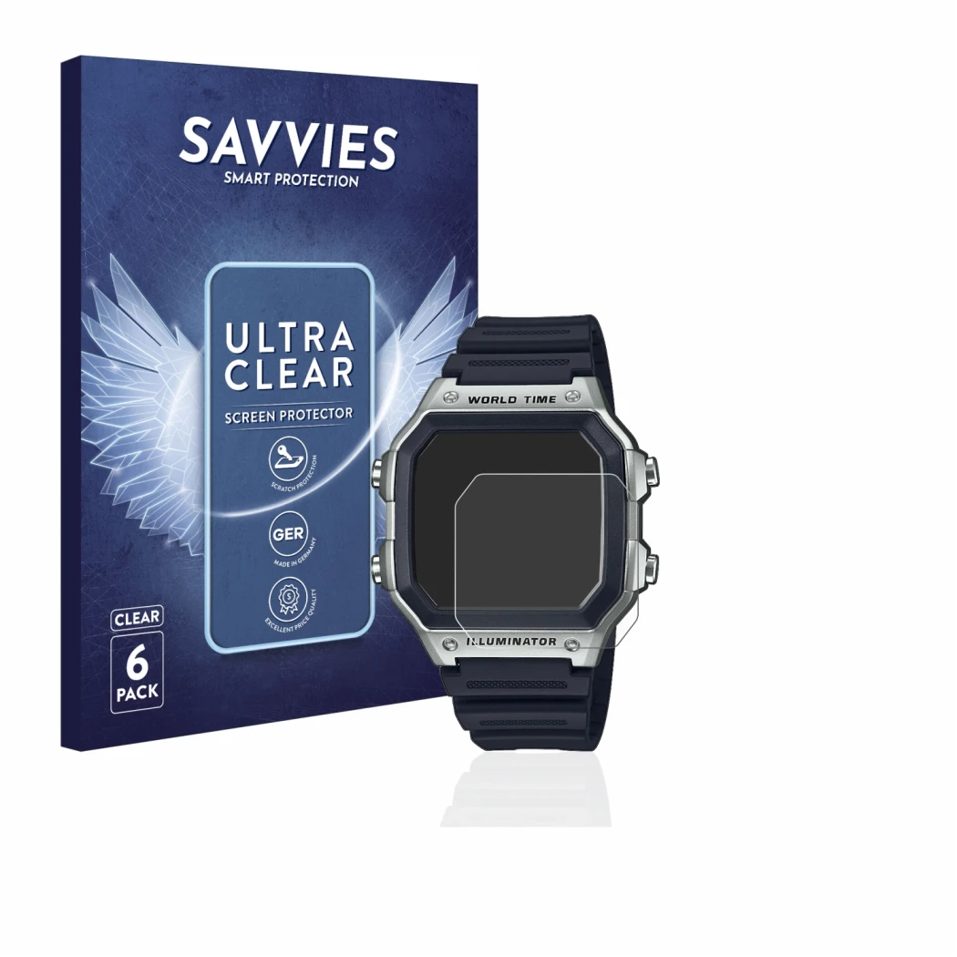 Vorderseite einer Produktverpackung mit dem Markenlogo Savvies. Daneben ist das Gerät Casio AE-1200WH mit dem zugehörigen Disp
