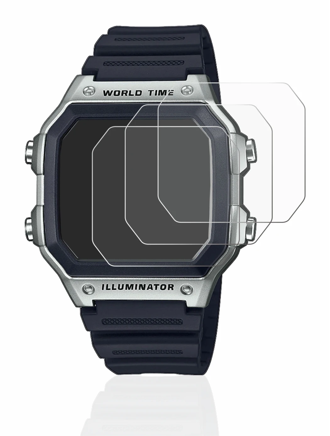Abbildung des Geräts Casio AE-1200WH mit einer Vielzahl des Displayschutzes.