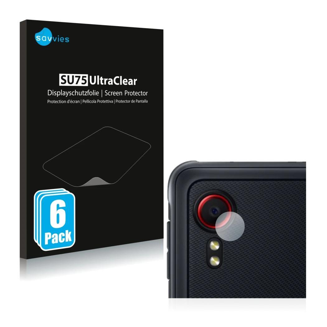 Vorderseite einer Produktverpackung mit dem Markenlogo Savvies. Daneben ist das Gerät Samsung Galaxy XCover 5 (NUR Kameraschut