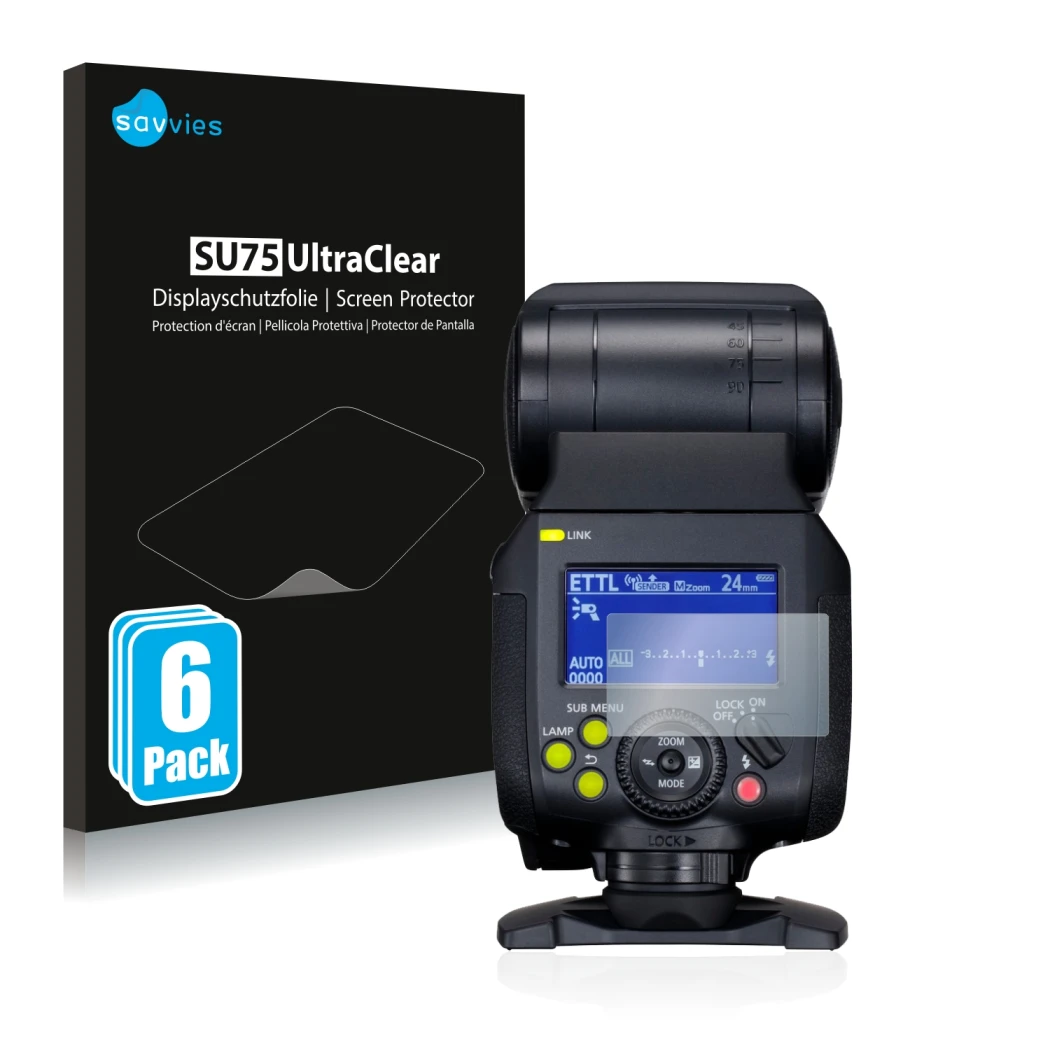 Vorderseite einer Produktverpackung mit dem Markenlogo Savvies. Daneben ist das Gerät Canon Speedlite EL-1 mit dem zugehörigen