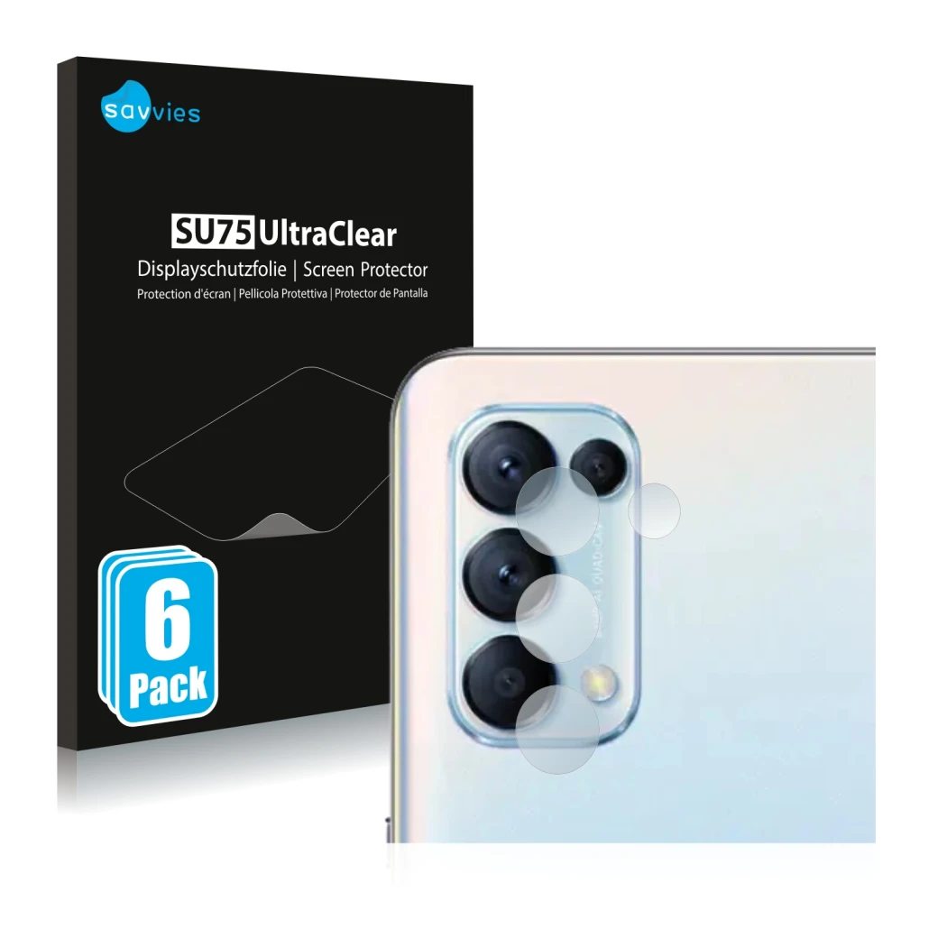 Vorderseite einer Produktverpackung mit dem Markenlogo Savvies. Daneben ist das Gerät Oppo Find X3 Lite (NUR Kameraschutz) mit