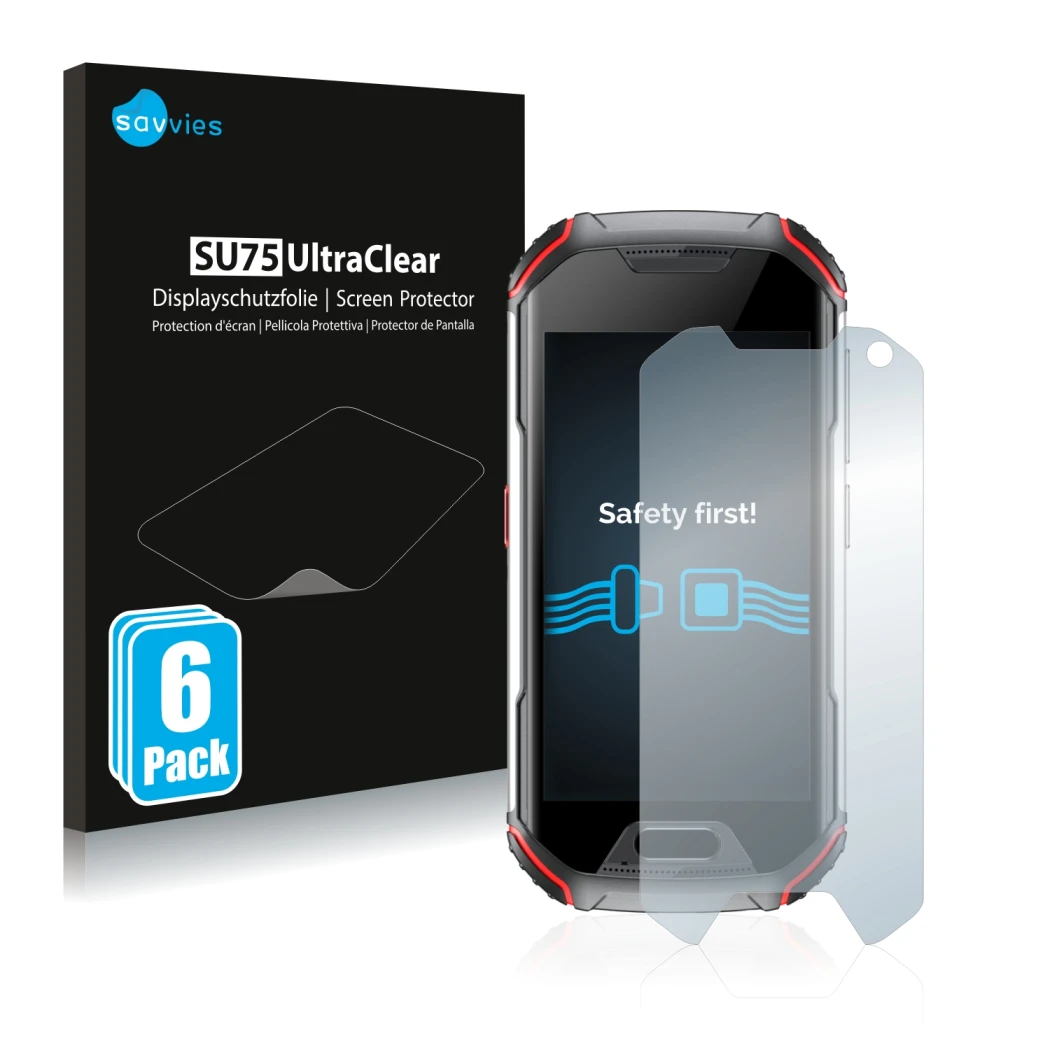 Vorderseite einer Produktverpackung mit dem Markenlogo Savvies. Daneben ist das Gerät Unihertz Atom XL mit dem zugehörigen Dis