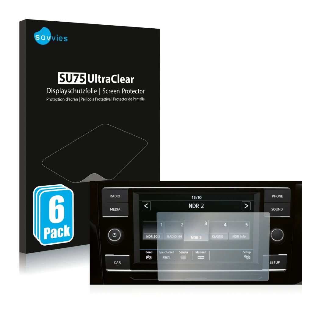 Vorderseite einer Produktverpackung mit dem Markenlogo Savvies. Daneben ist das Gerät Volkswagen T6.1 California 2021 Composit