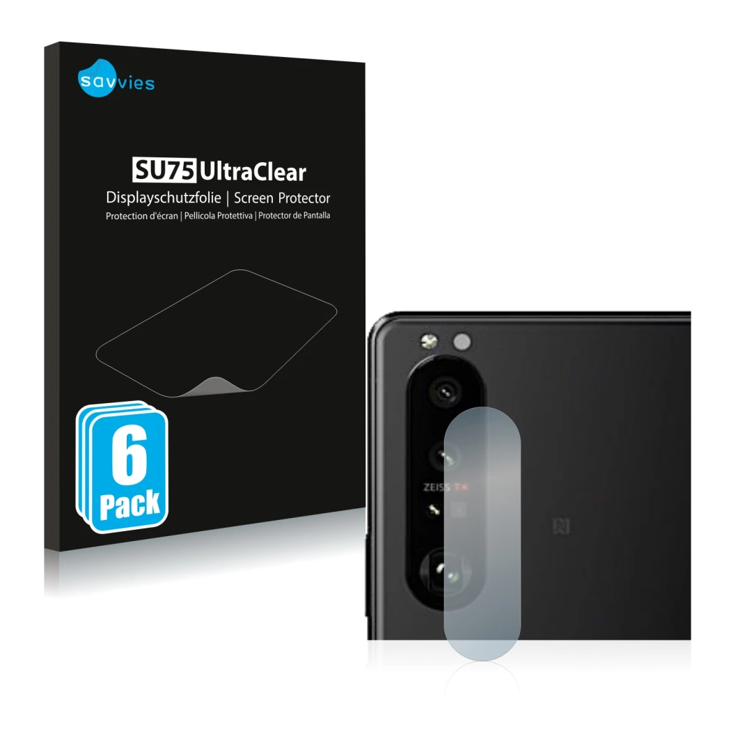 Vorderseite einer Produktverpackung mit dem Markenlogo Savvies. Daneben ist das Gerät Sony Xperia 5 III (NUR Kameraschutz) mit