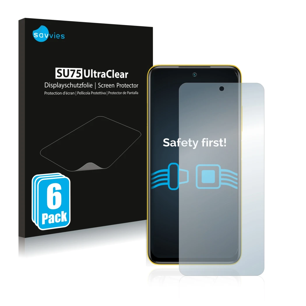 Vorderseite einer Produktverpackung mit dem Markenlogo Savvies. Daneben ist das Gerät Xiaomi Poco M3 Pro 5G mit dem zugehörige