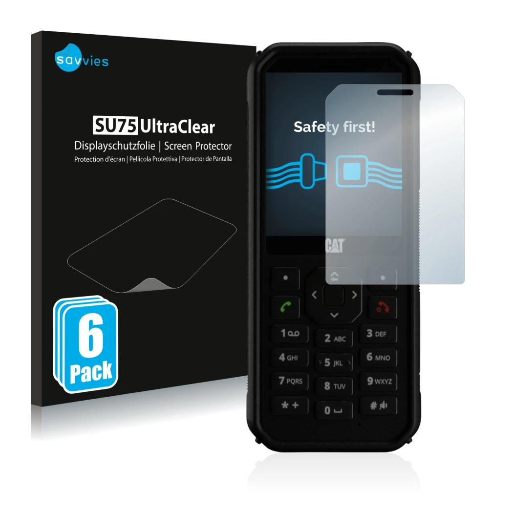 Vorderseite einer Produktverpackung mit dem Markenlogo Savvies. Daneben ist das Gerät Caterpillar Cat B40 mit dem zugehörigen 