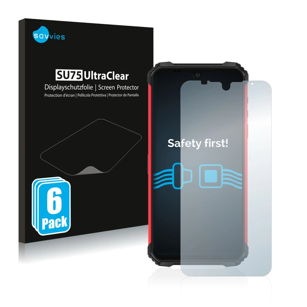 Vorderseite einer Produktverpackung mit dem Markenlogo Savvies. Daneben ist das Gerät Ulefone Armor 8 Pro mit dem zugehörigen 