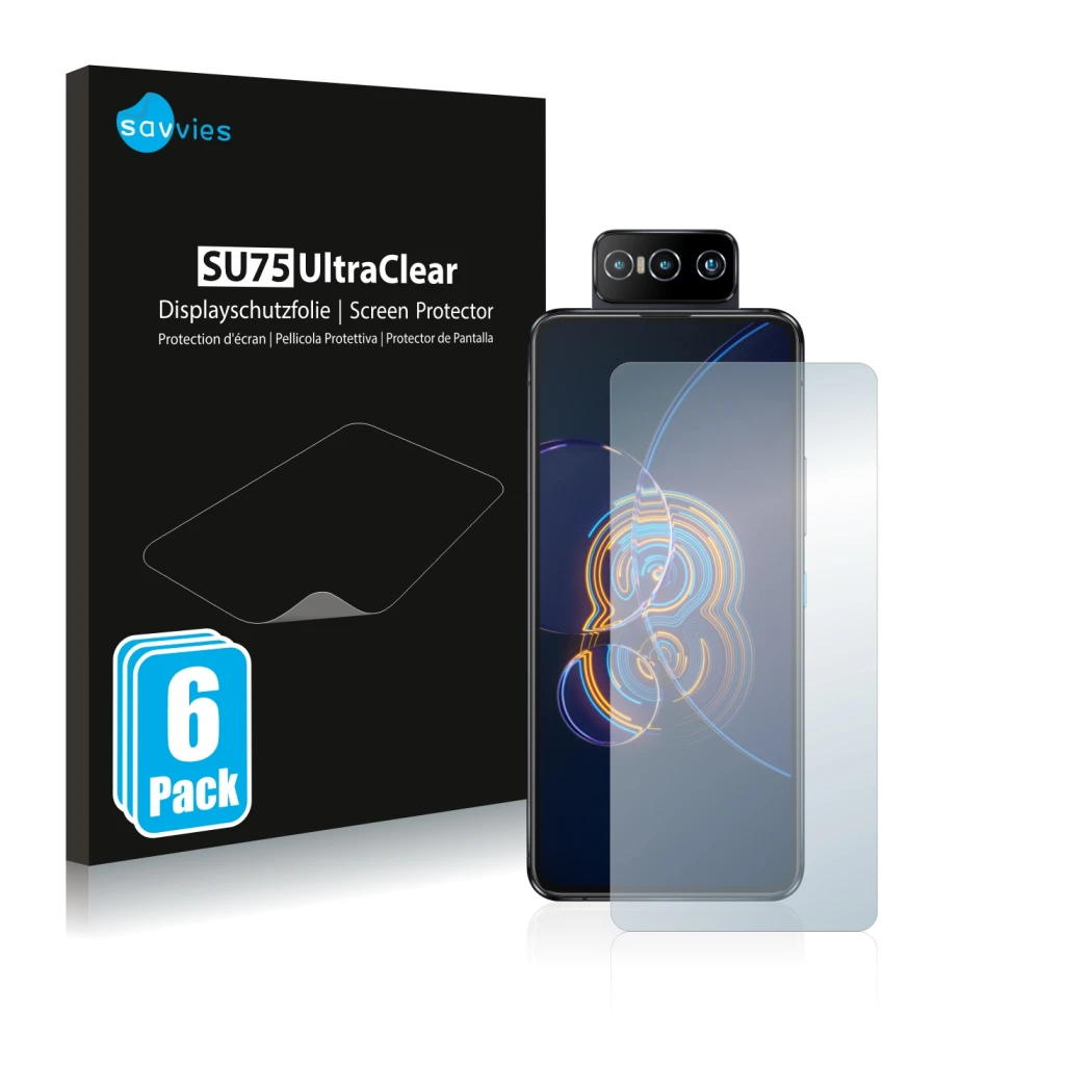 Vorderseite einer Produktverpackung mit dem Markenlogo Savvies. Daneben ist das Gerät ASUS ZenFone 8 Flip mit dem zugehörigen 