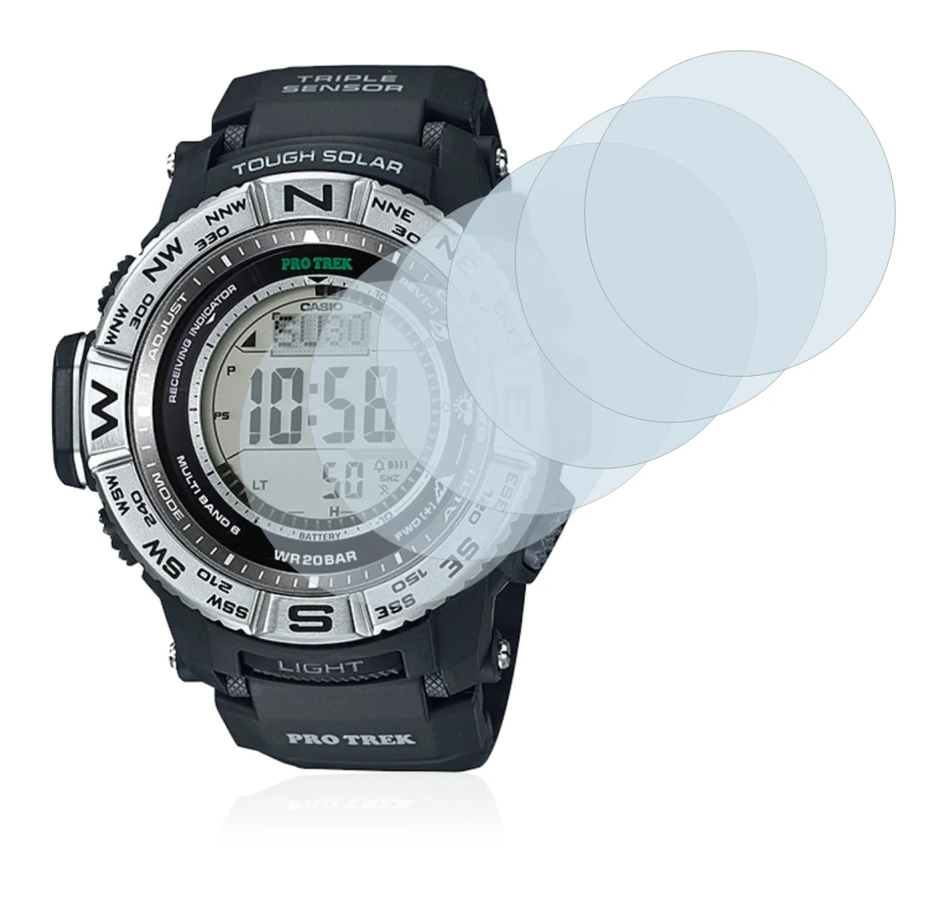 Abbildung des Geräts Casio Pro Trek PRW-3500-1 mit einer Vielzahl des Displayschutzes.