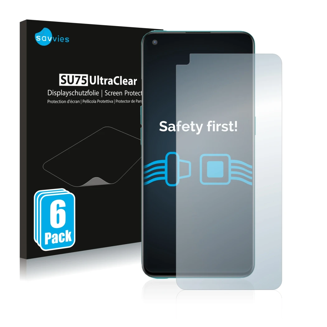 Vorderseite einer Produktverpackung mit dem Markenlogo Savvies. Daneben ist das Gerät OnePlus Nord CE 5G mit dem zugehörigen D