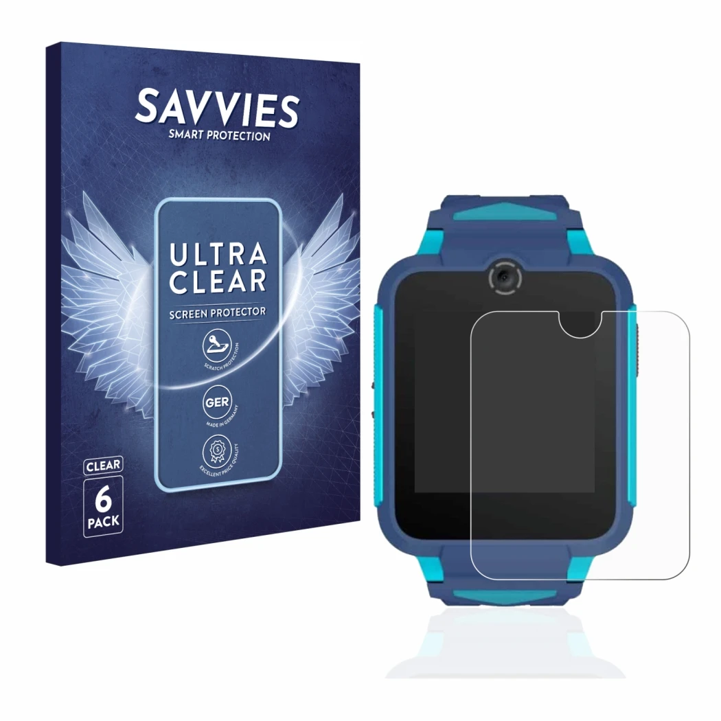 Vorderseite einer Produktverpackung mit dem Markenlogo Savvies. Daneben ist das Gerät TCL Movetime Family Watch 2 mit dem zuge