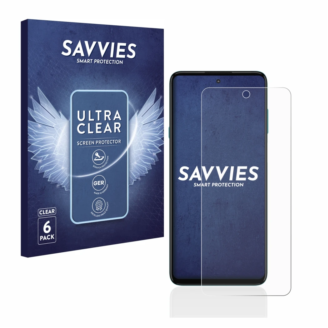Vorderseite einer Produktverpackung mit dem Markenlogo Savvies. Daneben ist das Gerät Motorola Edge 20 Lite mit dem zugehörige