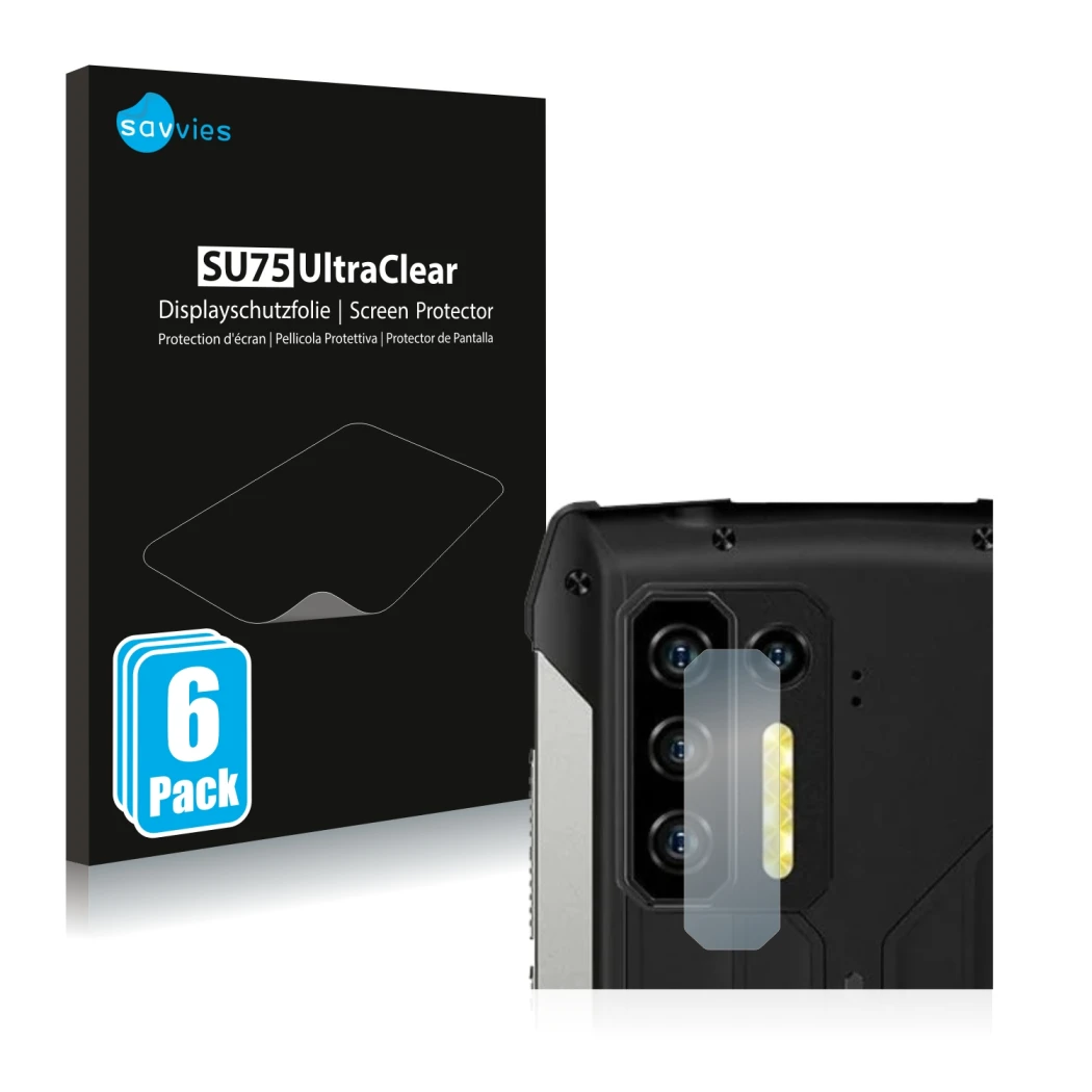 Vorderseite einer Produktverpackung mit dem Markenlogo Savvies. Daneben ist das Gerät Ulefone Power Armor 13 (NUR Kameraschutz