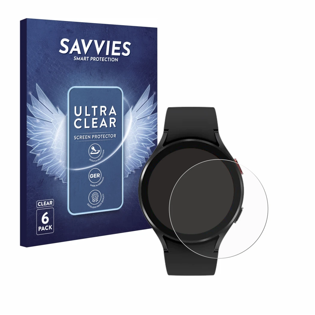 Vorderseite einer Produktverpackung mit dem Markenlogo Savvies. Daneben ist das Gerät Samsung Galaxy Watch 4 (44mm) mit dem zu