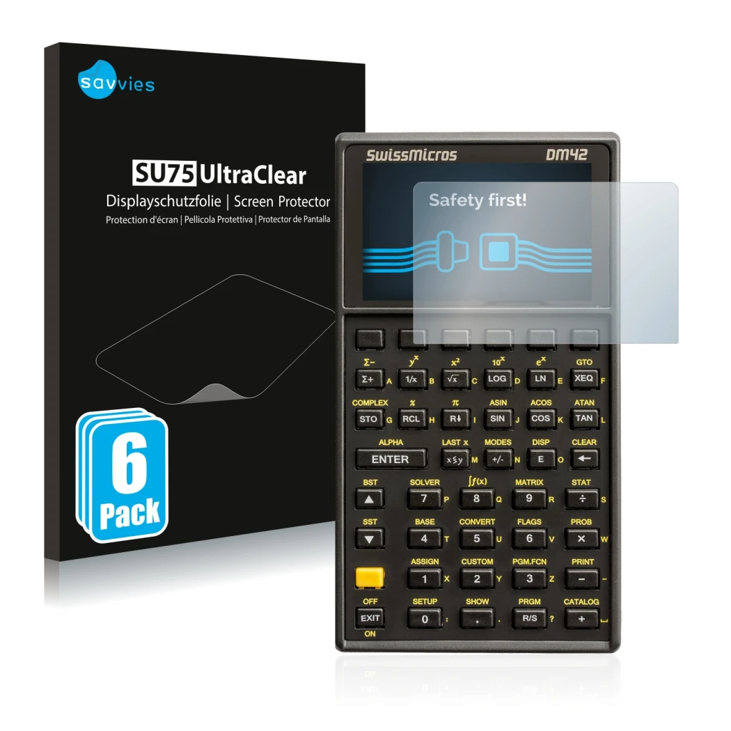 Vorderseite einer Produktverpackung mit dem Markenlogo Savvies. Daneben ist das Gerät SwissMicros DM42 mit dem zugehörigen Dis