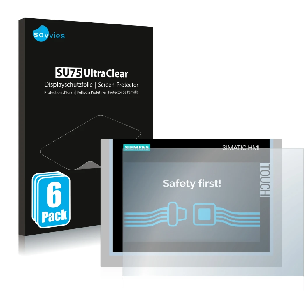 Vorderseite einer Produktverpackung mit dem Markenlogo Savvies. Daneben ist das Gerät Siemens Simatic HMI TP700 Comfort mit de