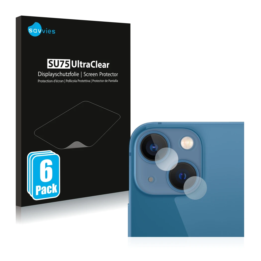 Vorderseite einer Produktverpackung mit dem Markenlogo Savvies. Daneben ist das Gerät Apple iPhone 13 mini (NUR Kameraschutz) 