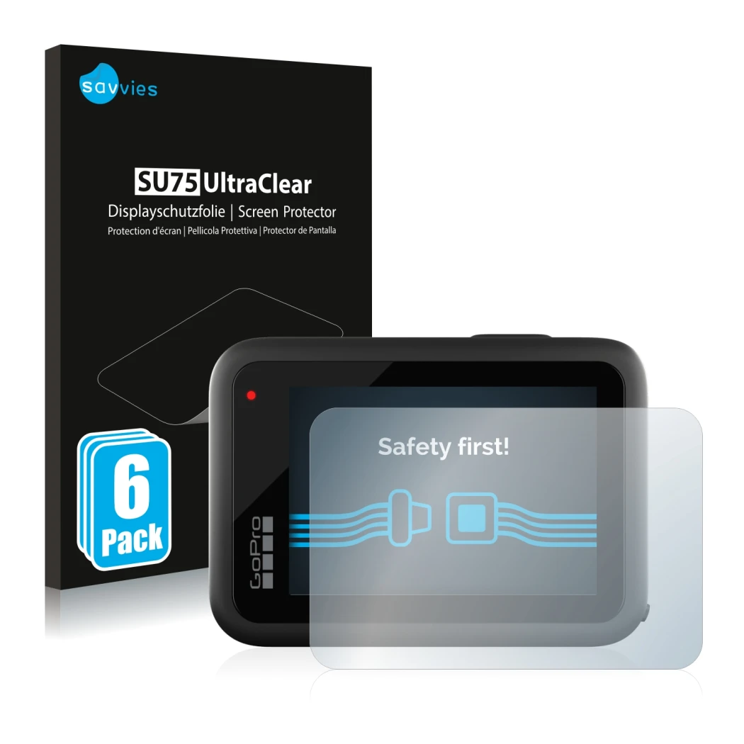 Vorderseite einer Produktverpackung mit dem Markenlogo Savvies. Daneben ist das Gerät GoPro Hero 10 Black mit dem zugehörigen 