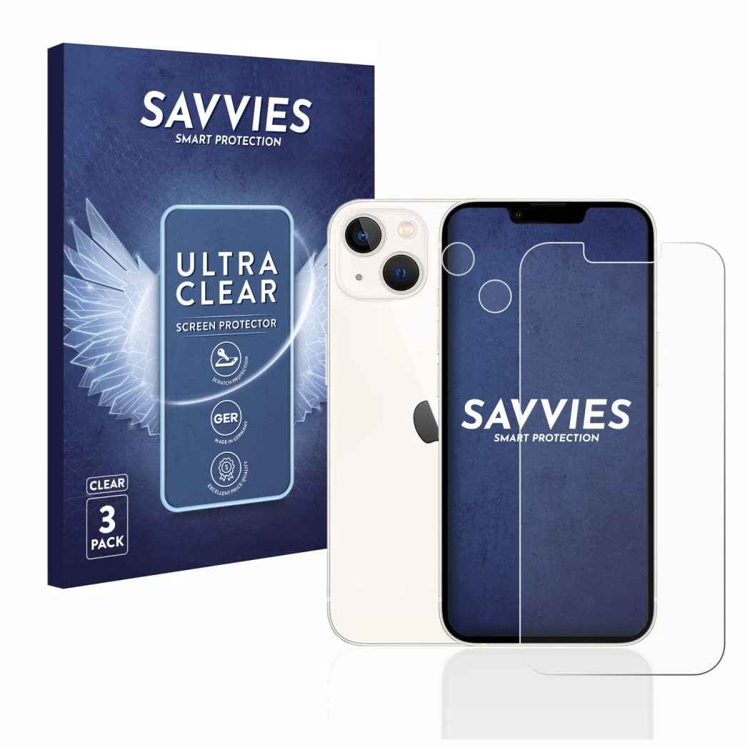 Vorderseite einer Produktverpackung mit dem Markenlogo Savvies. Daneben ist das Gerät Apple iPhone 13 (Display+Kamera) mit dem