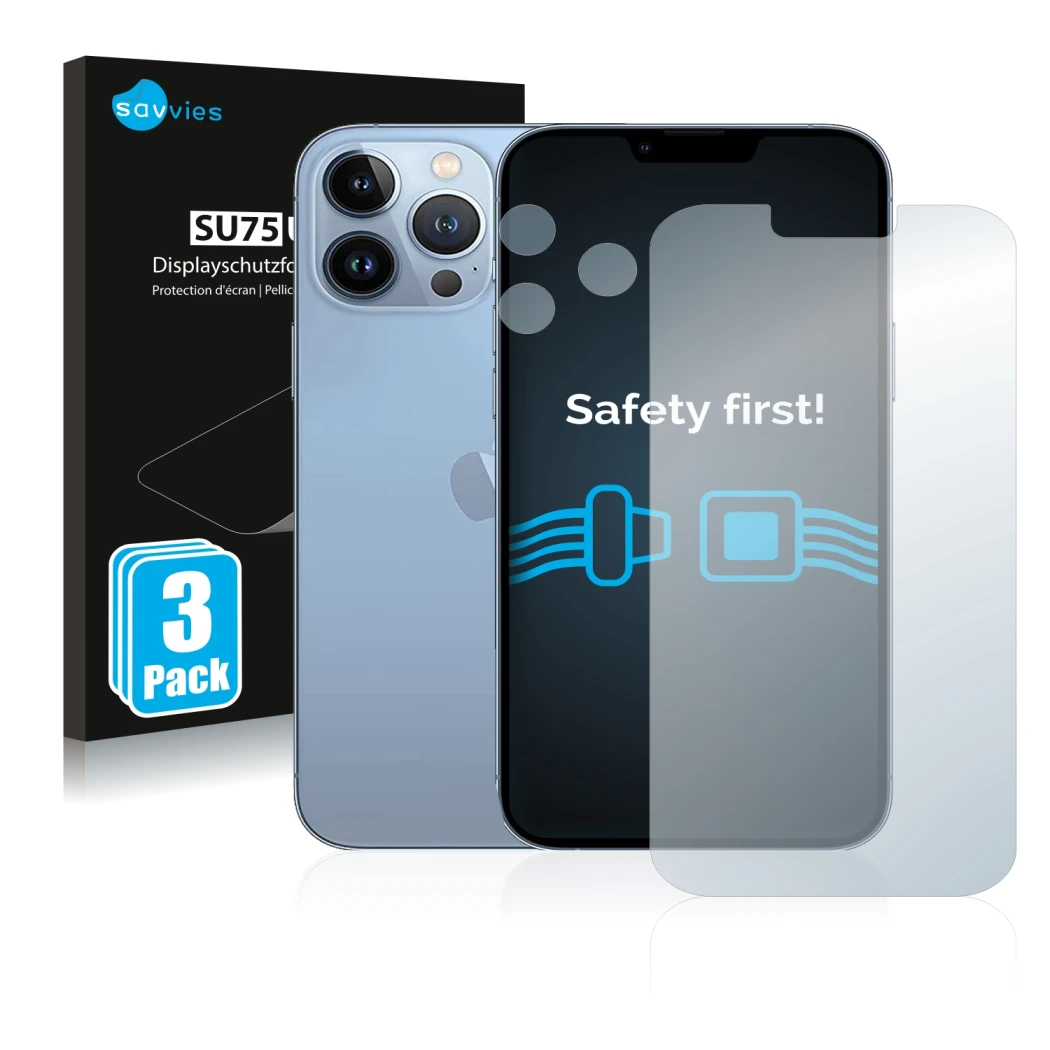 Vorderseite einer Produktverpackung mit dem Markenlogo Savvies. Daneben ist das Gerät Apple iPhone 13 Pro Max (Display+Kamera)