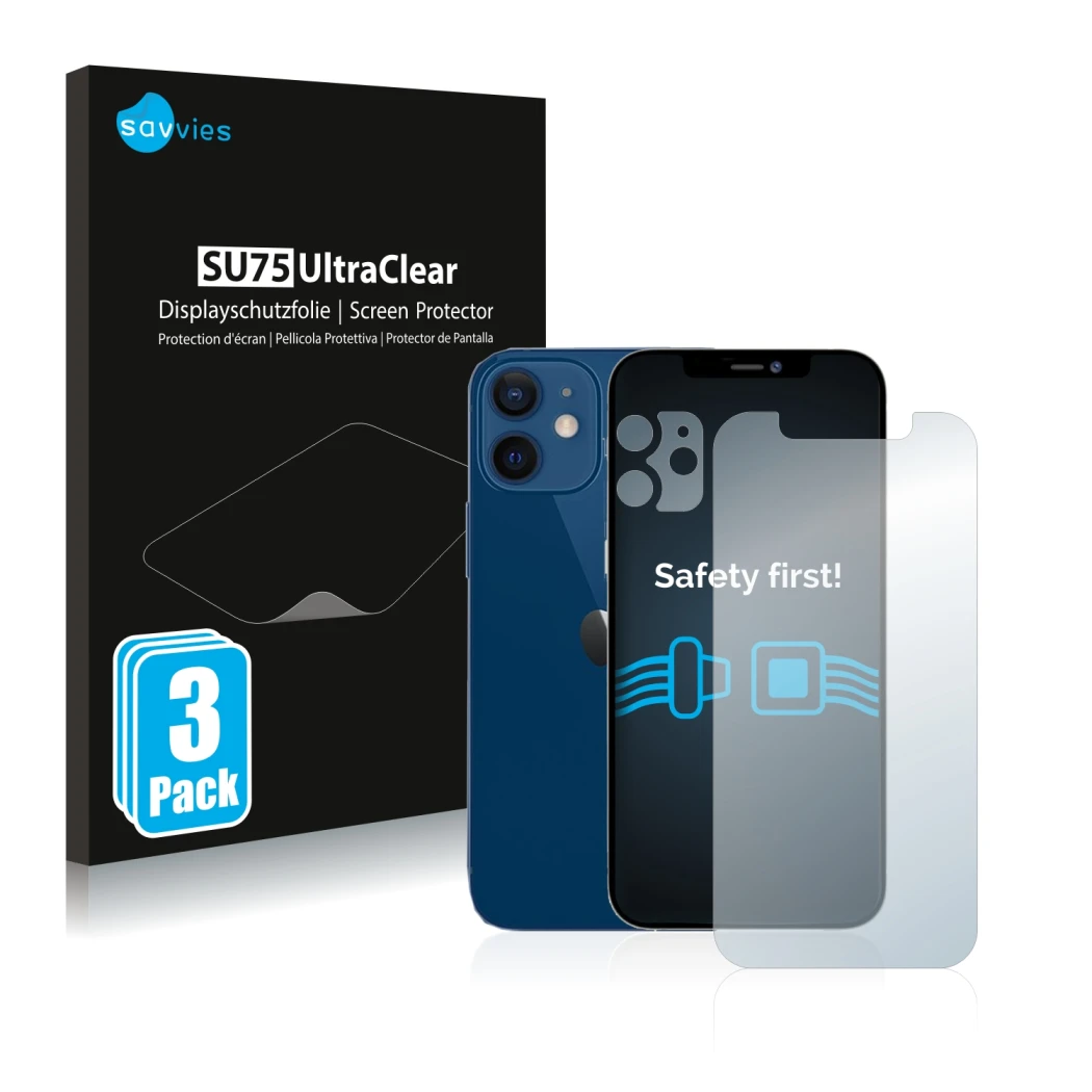 Vorderseite einer Produktverpackung mit dem Markenlogo Savvies. Daneben ist das Gerät Apple iPhone 12 (Display+Kamera) mit dem