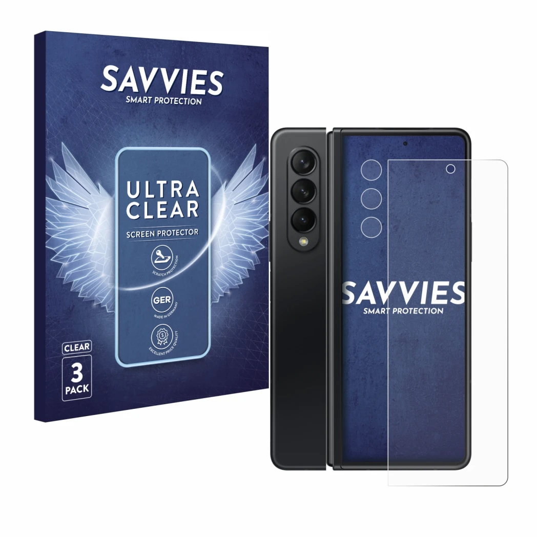 Vorderseite einer Produktverpackung mit dem Markenlogo Savvies. Daneben ist das Gerät Samsung Galaxy Z Fold 3 5G (Display+Kame