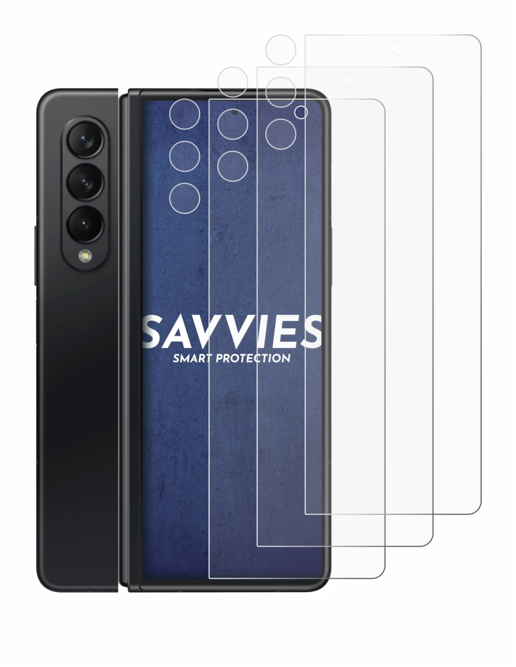 Abbildung des Geräts Samsung Galaxy Z Fold 3 5G (Display+Kamera) mit einer Vielzahl des Displayschutzes.