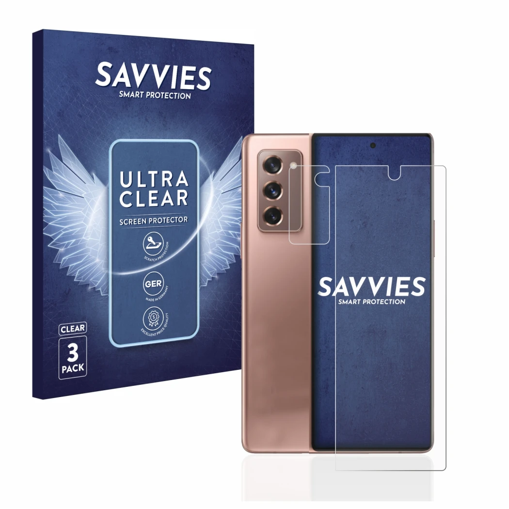 Vorderseite einer Produktverpackung mit dem Markenlogo Savvies. Daneben ist das Gerät Samsung Galaxy Z Fold 2 5G (Display+Kame