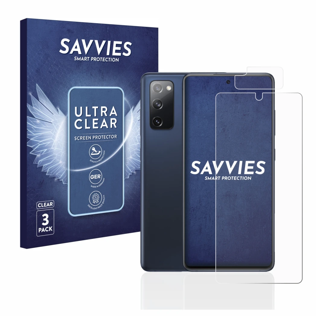 Vorderseite einer Produktverpackung mit dem Markenlogo Savvies. Daneben ist das Gerät Samsung Galaxy S20 FE (Display+Kamera) m