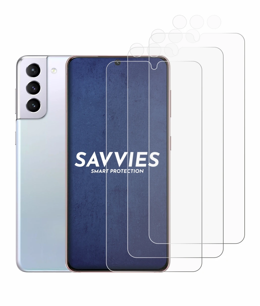 Abbildung des Geräts Samsung Galaxy S21 (Display+Kamera) mit einer Vielzahl des Displayschutzes.