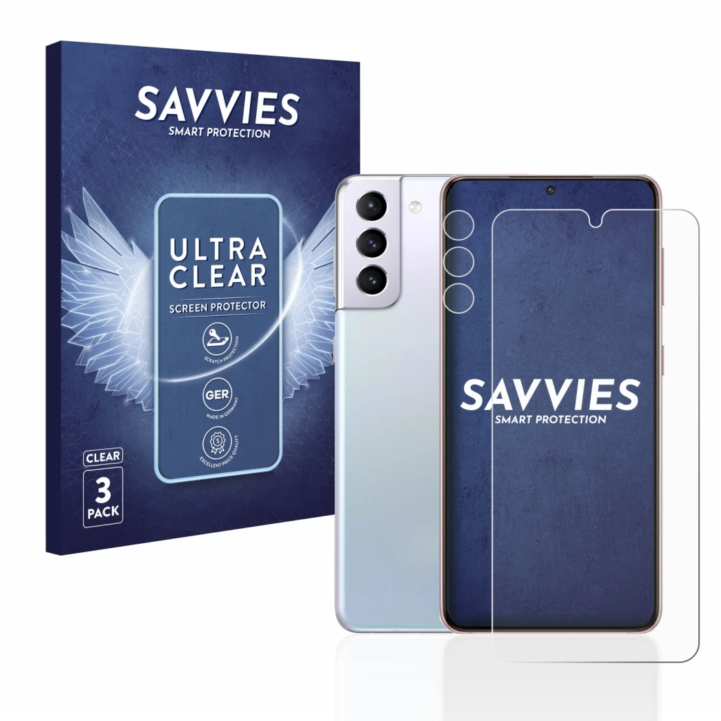 Vorderseite einer Produktverpackung mit dem Markenlogo Savvies. Daneben ist das Gerät Samsung Galaxy S21 5G (Display+Kamera) m