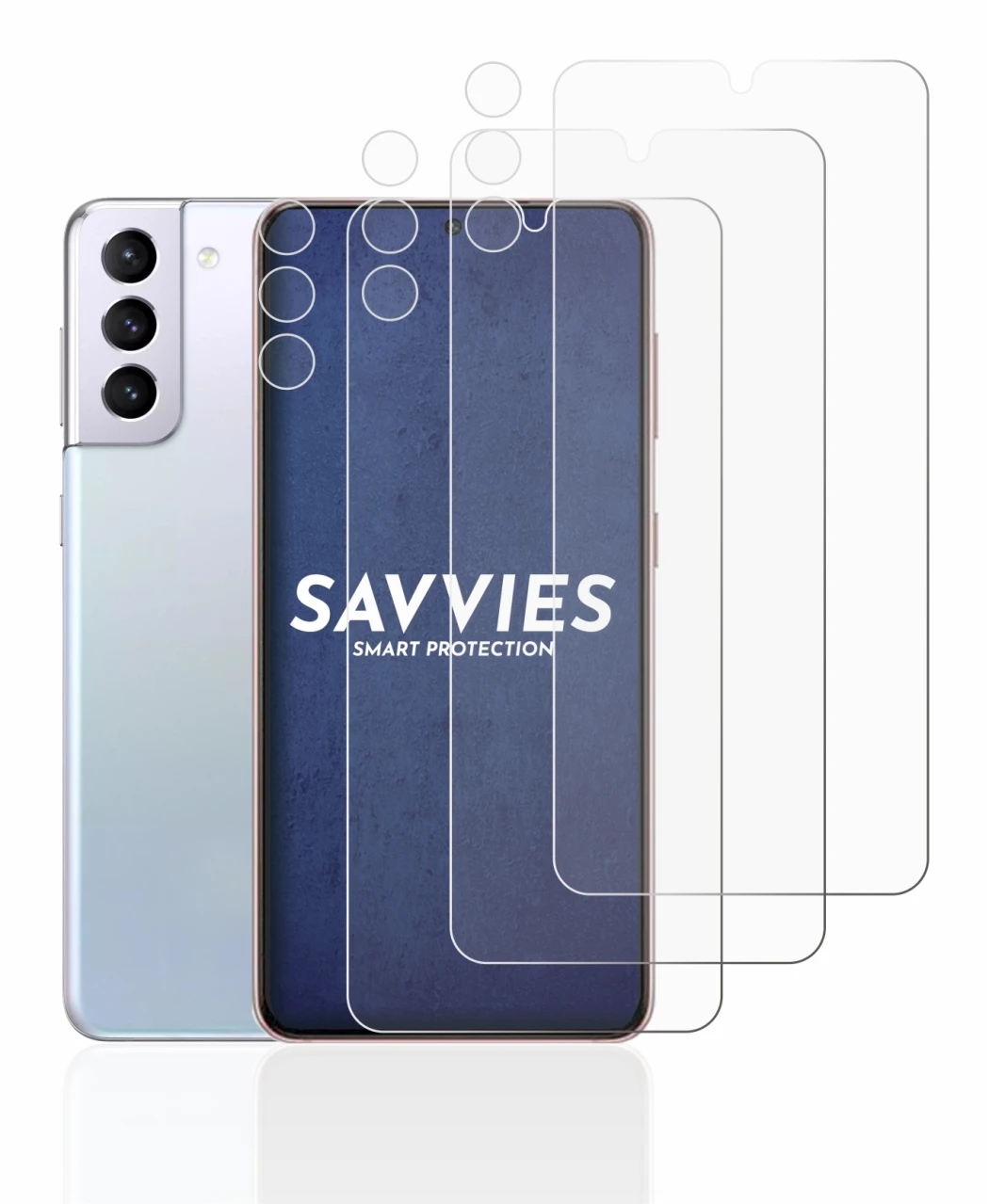 Abbildung des Geräts Samsung Galaxy S21 5G (Display+Kamera) mit einer Vielzahl des Displayschutzes.