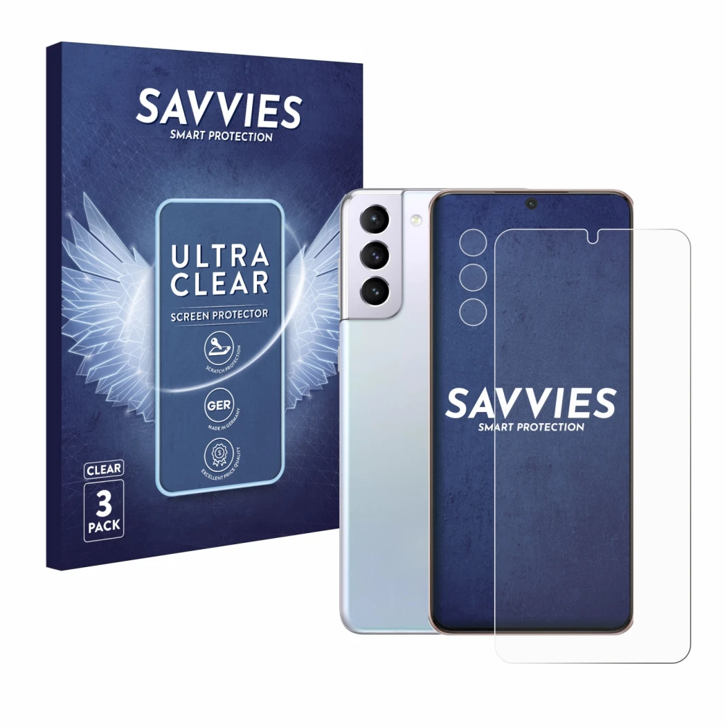 Vorderseite einer Produktverpackung mit dem Markenlogo Savvies. Daneben ist das Gerät Samsung Galaxy S21 Plus 5G (Display+Kame
