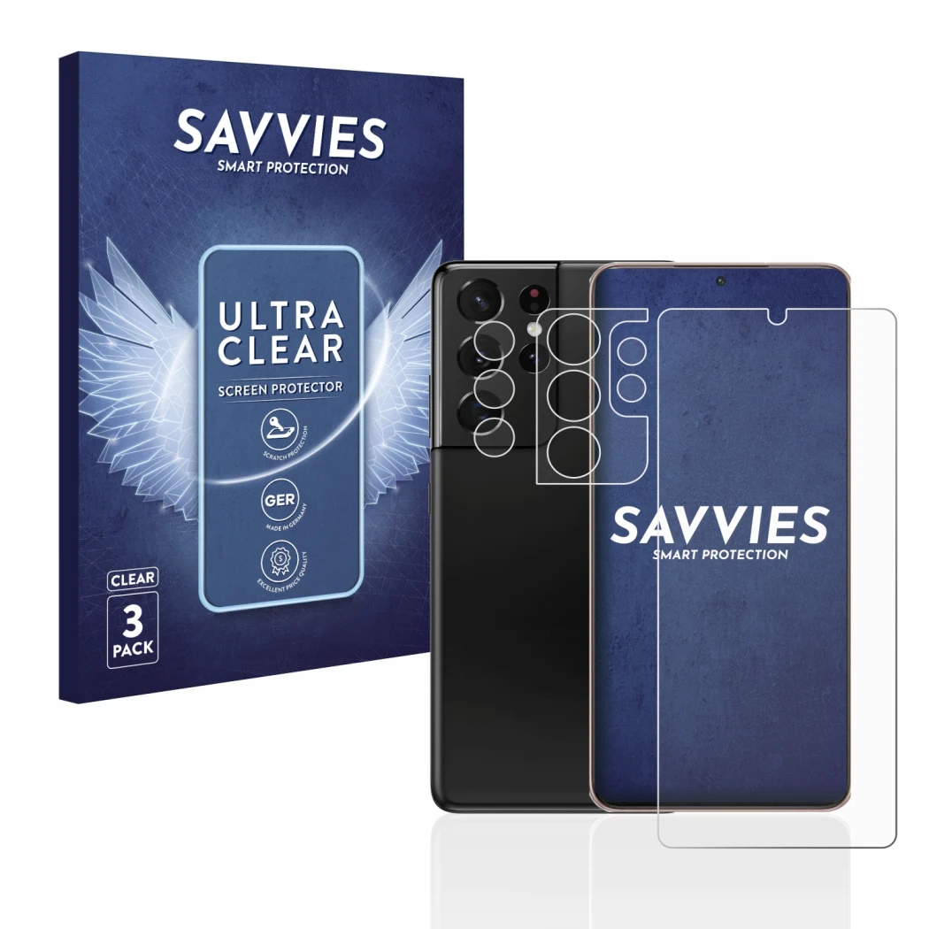 Vorderseite einer Produktverpackung mit dem Markenlogo Savvies. Daneben ist das Gerät Samsung Galaxy S21 Ultra 5G (Display+Kam