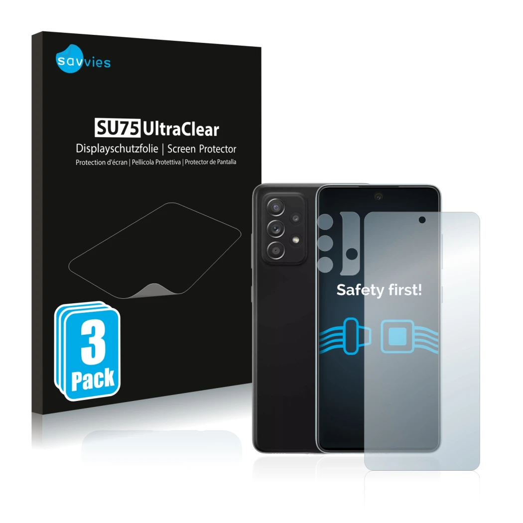 Vorderseite einer Produktverpackung mit dem Markenlogo Savvies. Daneben ist das Gerät Samsung Galaxy A52 5G (Display+Kamera) m