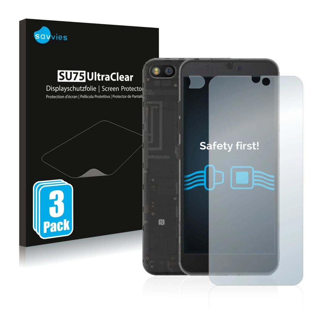 Vorderseite einer Produktverpackung mit dem Markenlogo Savvies. Daneben ist das Gerät Fairphone 3 (Display+Kamera) mit dem zug