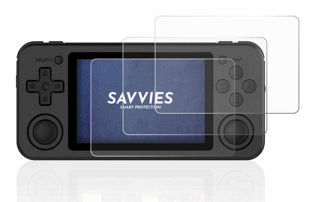 Abbildung des Geräts Anbernic RG351P mit einer Vielzahl des Displayschutzes.