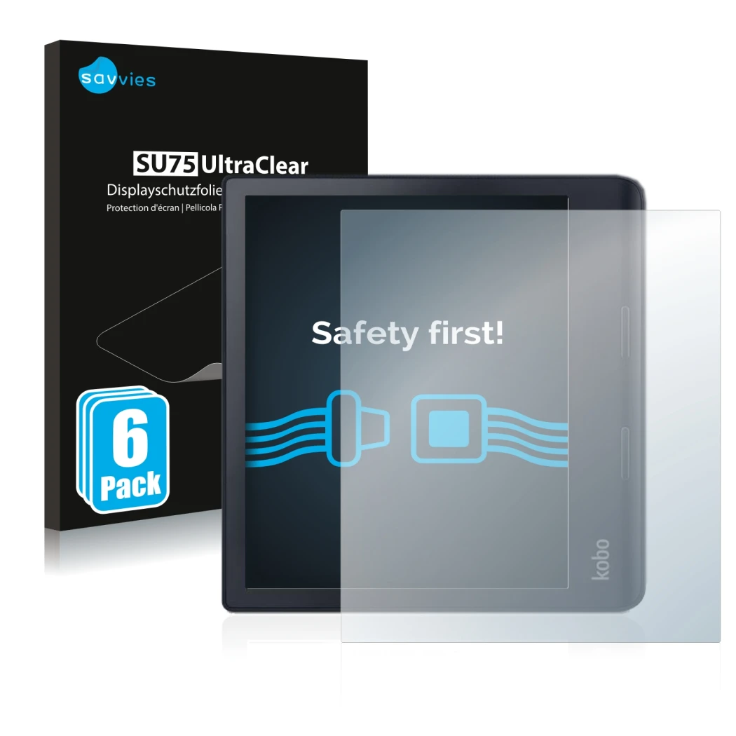 Vorderseite einer Produktverpackung mit dem Markenlogo Savvies. Daneben ist das Gerät Kobo Sage mit dem zugehörigen Displaysch