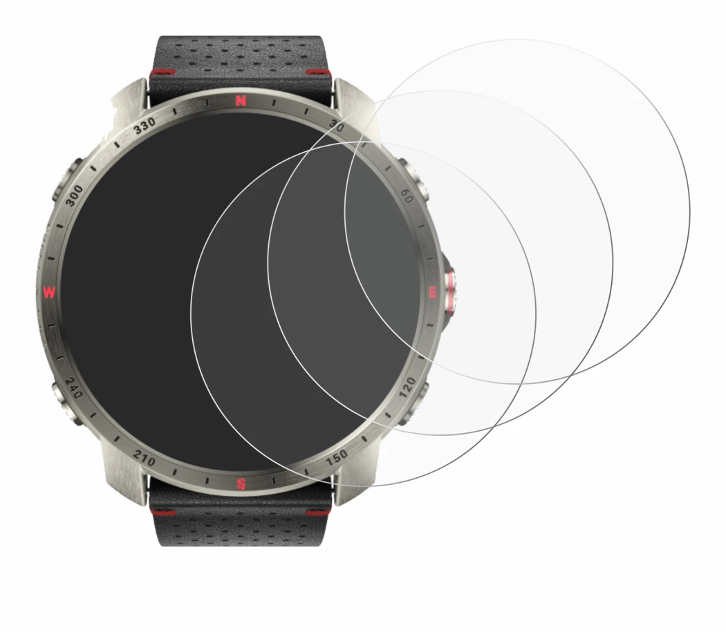 Abbildung des Geräts Polar Grit X Pro Titan mit einer Vielzahl des Displayschutzes.