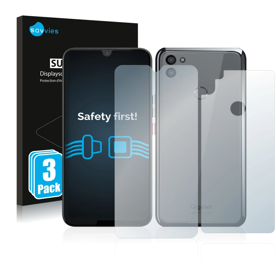 Vorderseite einer Produktverpackung mit dem Markenlogo Savvies. Daneben ist das Gerät Gigaset GS5 (Display+Rückseite) mit dem 