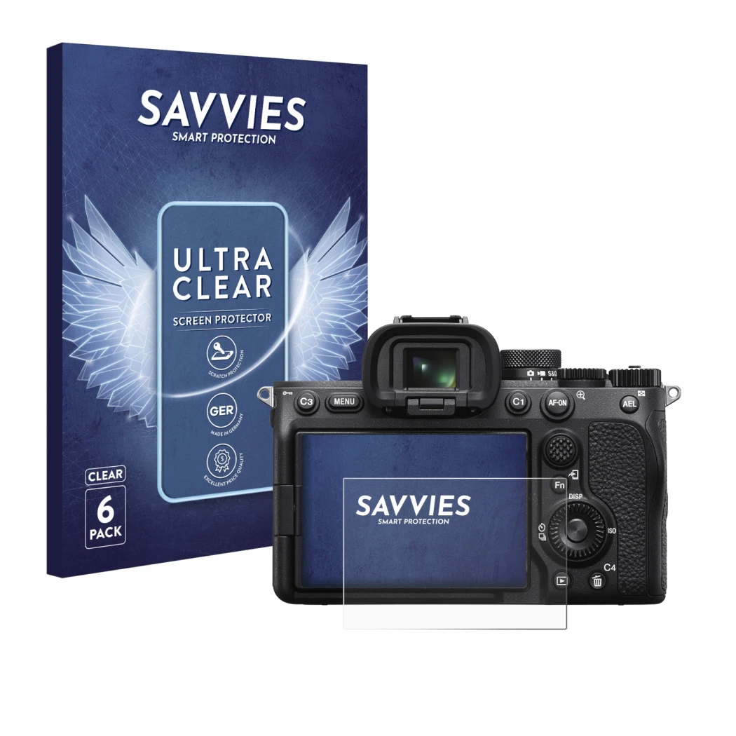 Vorderseite einer Produktverpackung mit dem Markenlogo Savvies. Daneben ist das Gerät Sony Alpha 7 IV mit dem zugehörigen Disp