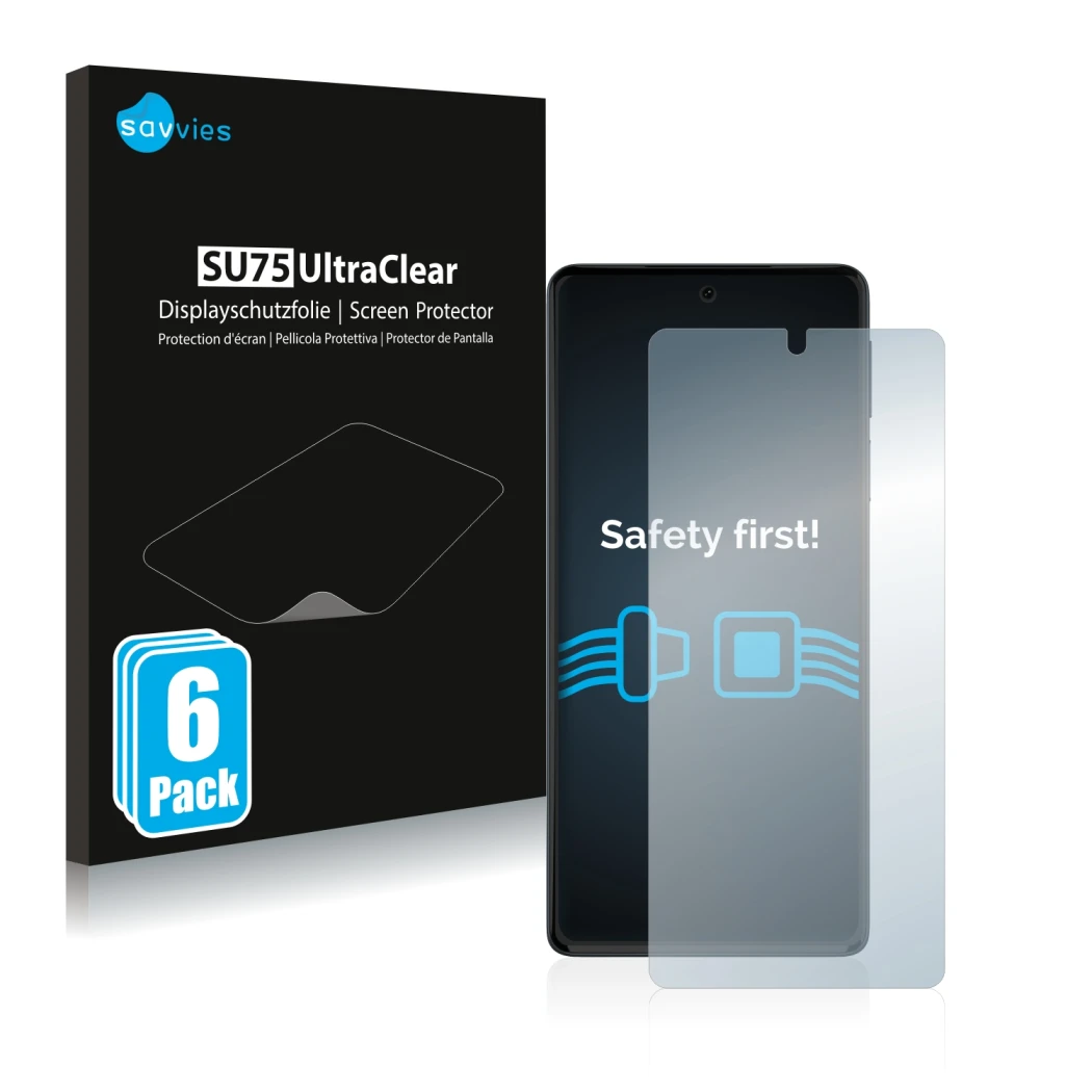 Vorderseite einer Produktverpackung mit dem Markenlogo Savvies. Daneben ist das Gerät Motorola Edge 30 Pro mit dem zugehörigen