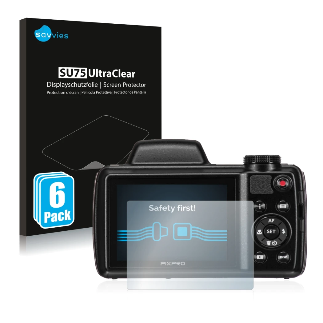 Vorderseite einer Produktverpackung mit dem Markenlogo Savvies. Daneben ist das Gerät Kodak Pixpro AZ525 mit dem zugehörigen D