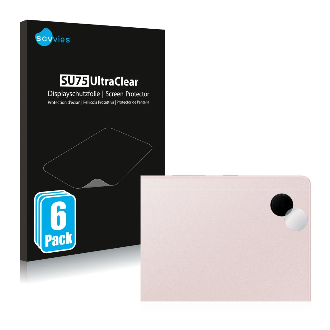 Vorderseite einer Produktverpackung mit dem Markenlogo Savvies. Daneben ist das Gerät Samsung Galaxy Tab A8 WiFi (NUR Kamerasc