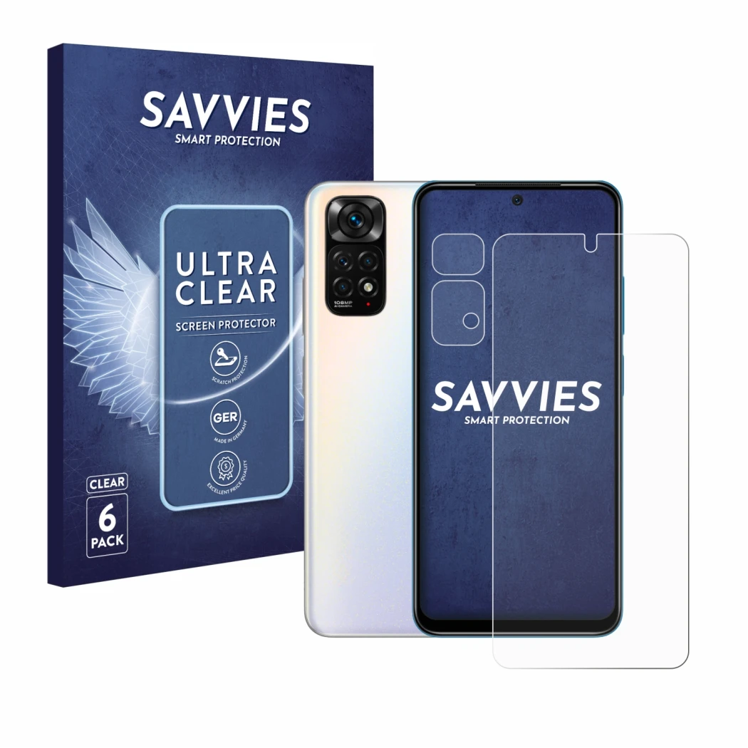 Vorderseite einer Produktverpackung mit dem Markenlogo Savvies. Daneben ist das Gerät Xiaomi Redmi Note 11S (Display+Kamera) m