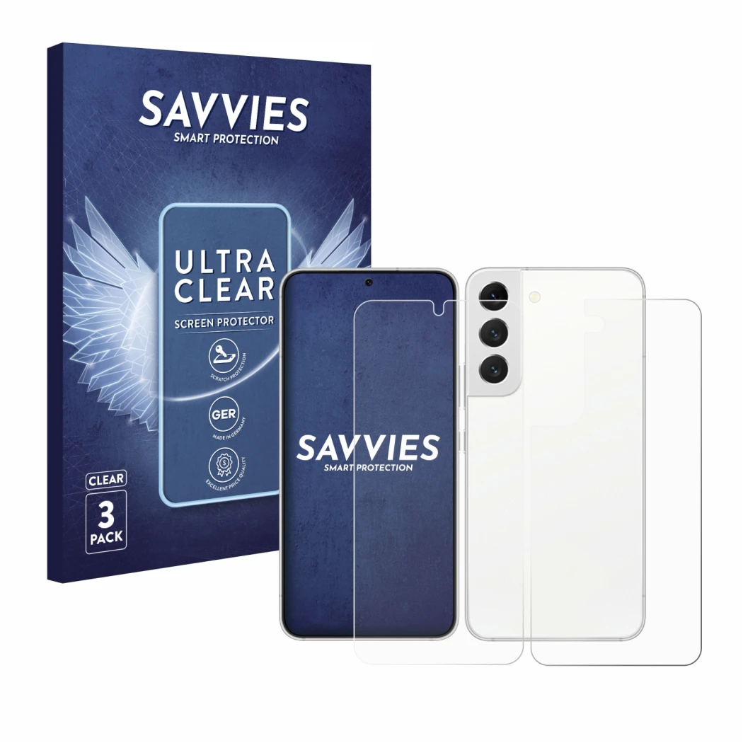 Vorderseite einer Produktverpackung mit dem Markenlogo Savvies. Daneben ist das Gerät Samsung Galaxy S22 5G (Display+Rückseite