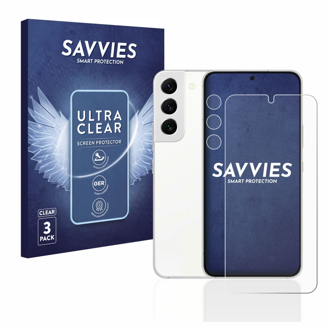 Vorderseite einer Produktverpackung mit dem Markenlogo Savvies. Daneben ist das Gerät Samsung Galaxy S22 5G (Display+Kamera) m
