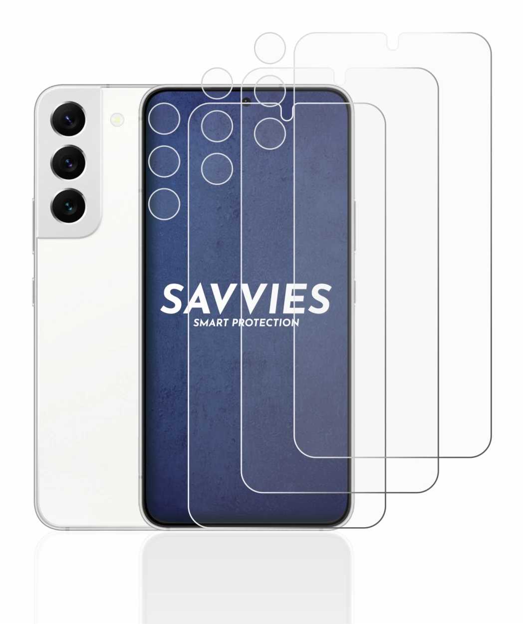 Abbildung des Geräts Samsung Galaxy S22 5G (Display+Kamera) mit einer Vielzahl des Displayschutzes.